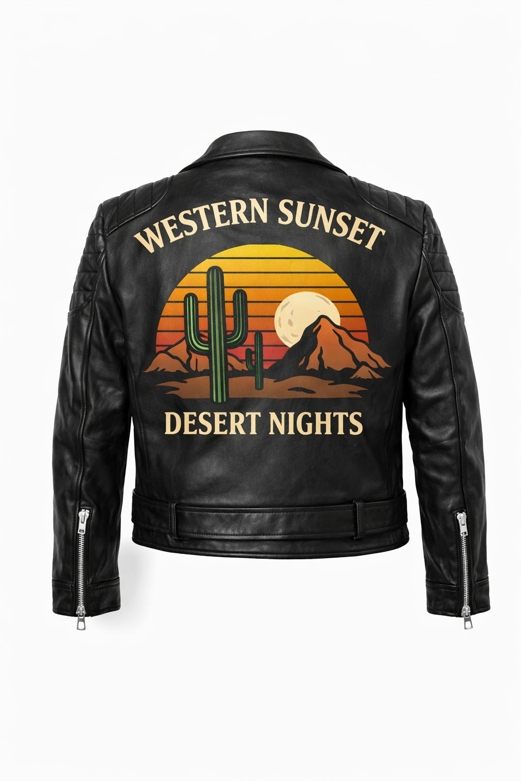 MP013 Western Sunset Desert Nights Retro Leather Biker Jacket - Vintage Cactus Design