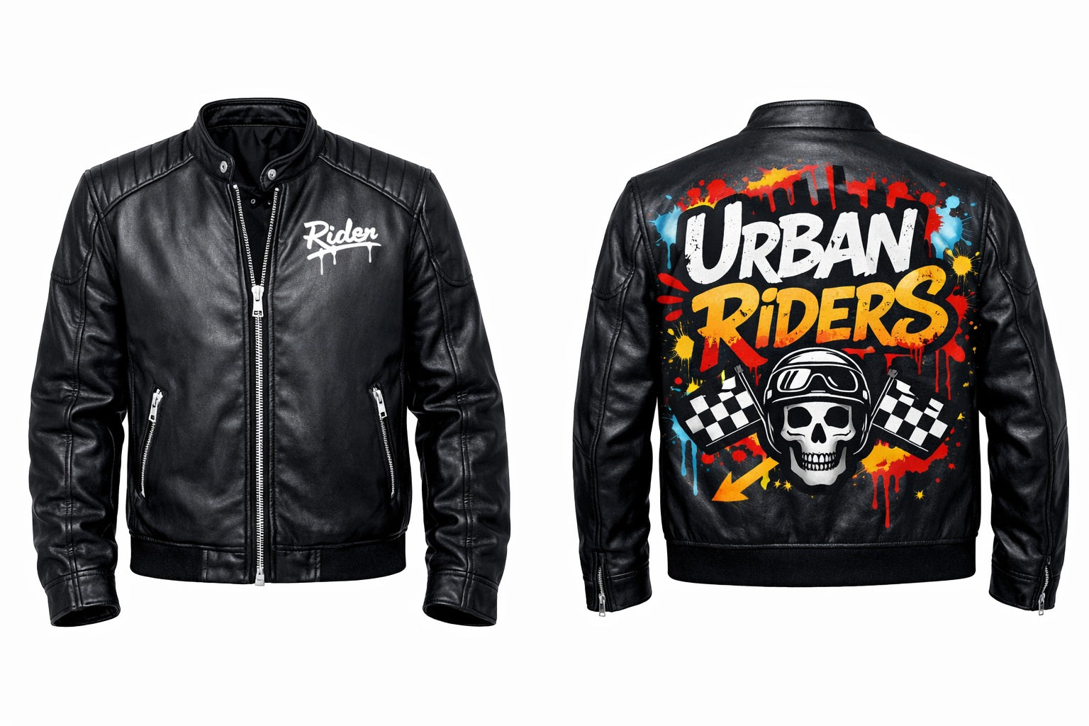 MP014 Urban Riders Graffiti Skull Leather Jacket - Street Art