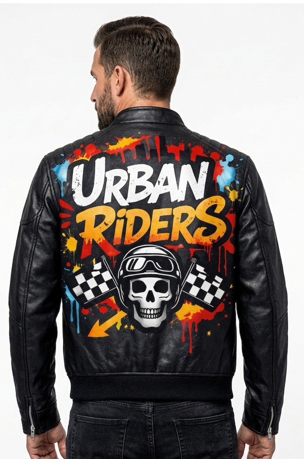 MP014 Urban Riders Graffiti Skull Leather Jacket - Street Art Bomber Style