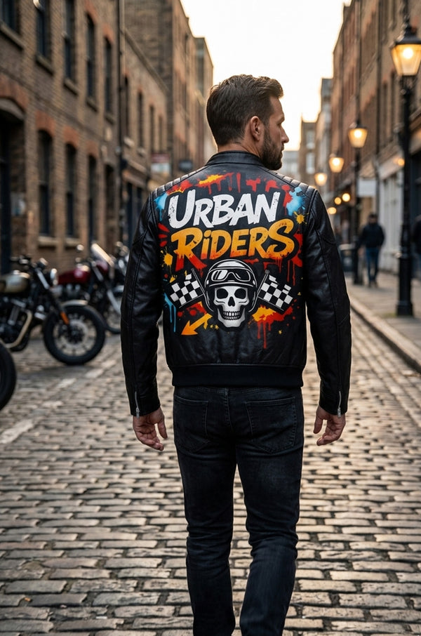 MP014 Urban Riders Graffiti Skull Leather Jacket - Street Art Bomber Style