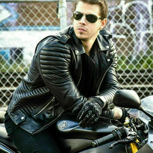 M080 Slim fit Men's Motorcycle Bomber Biker Quilted Black Real Leather Jacket