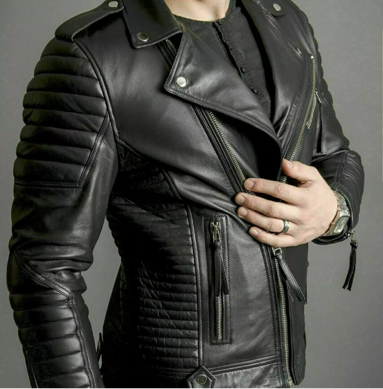 M080 Slim fit Men's Motorcycle Bomber Biker Quilted Black Real Leather Jacket