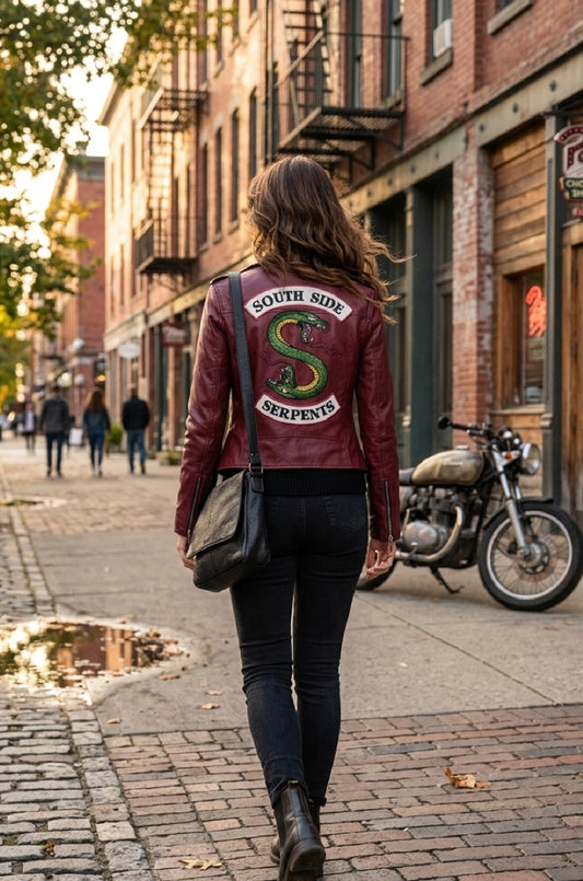 W014 Southside Serpent Riverdale Jughead Jones Biker Maroon Leather Jacket For Women's