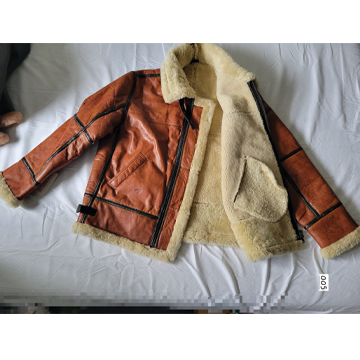 Men's Aviator Real Sheep Leather Sheep Shearling Fur Jacket Biker Brown