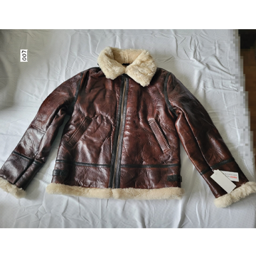 Men Flying Aviator Real Jacket Shearling Fur Collar Jacket Brown