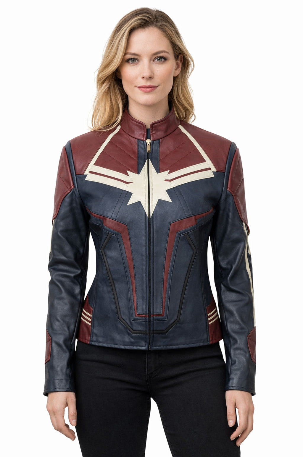 W001 Captain Marvel Carol Danvers Avengers End Game Faux Leather Biker Women's Jacket