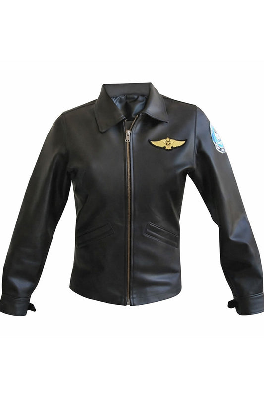 W006 Kelly McGillis Top Gun Black Fashion Real Leather Women's Military Style Jacket
