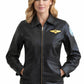 W006 Kelly McGillis Top Gun Black Fashion Real Leather Women's Military Style Jacket