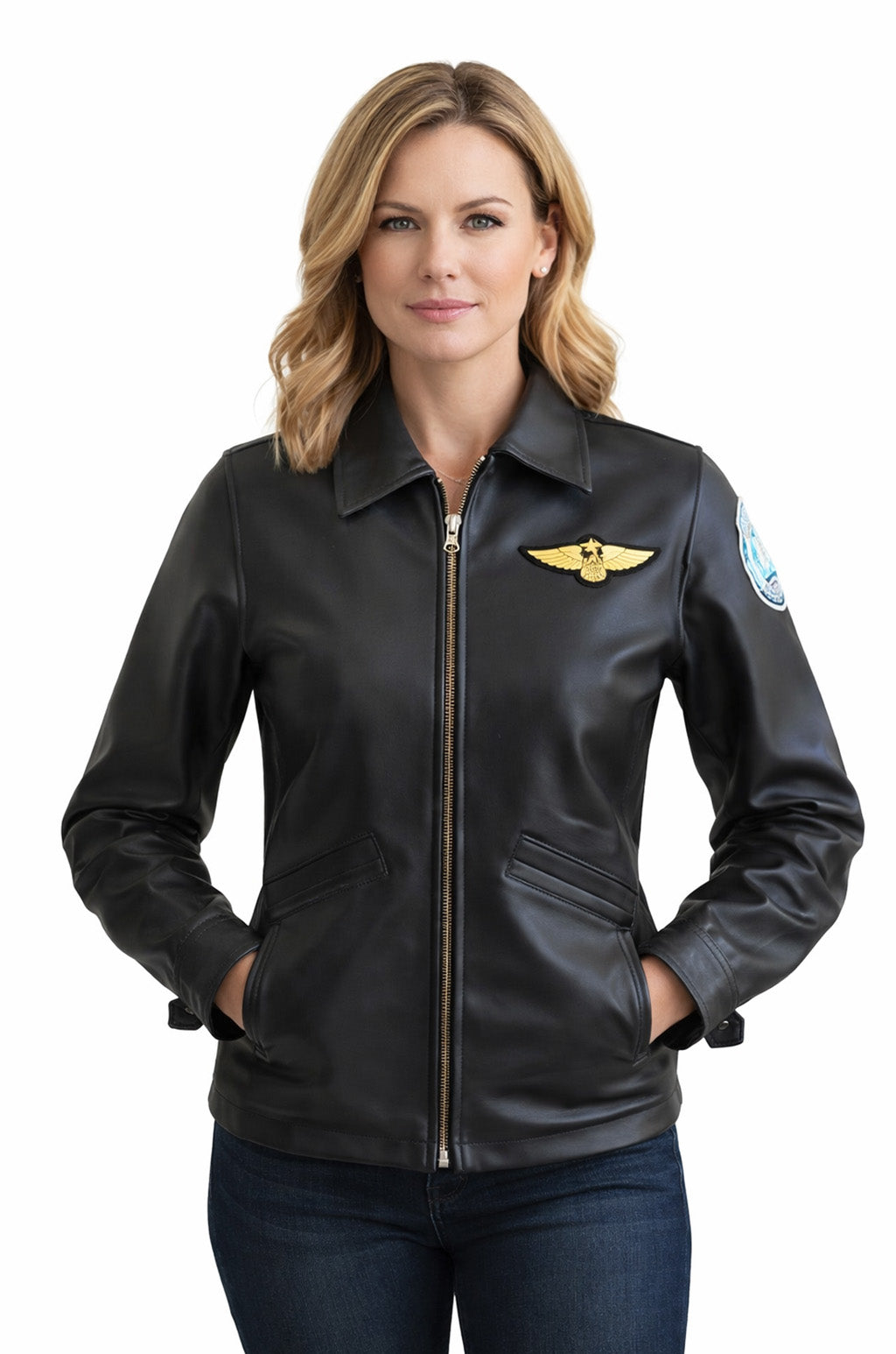 W006 Kelly McGillis Top Gun Black Fashion Real Leather Women's Military Style Jacket