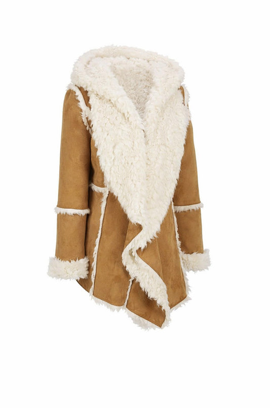 WFC03 Camel Brown Hooded Real Suede Leather Real Shearling Fur Overcoat