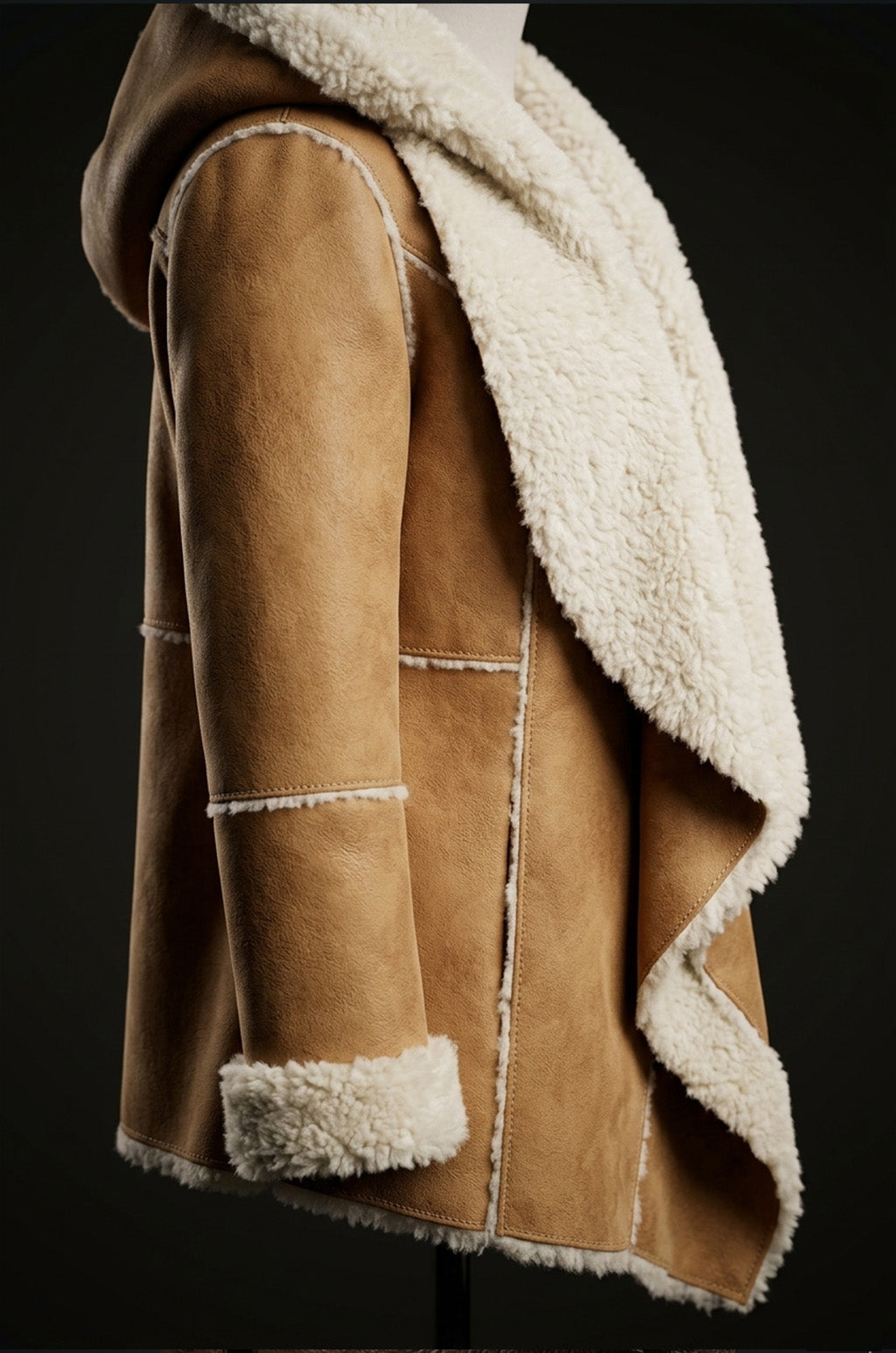 WFC03 Camel Brown Hooded Real Suede Leather Real Shearling Fur Overcoat