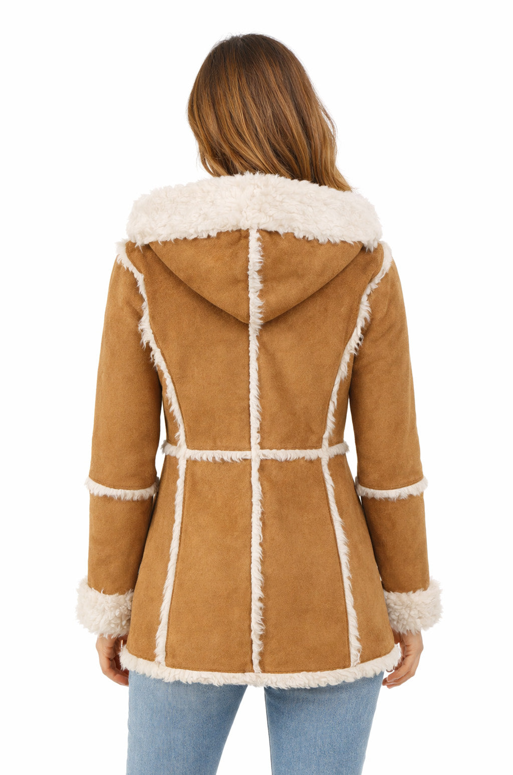 WFC03 Camel Brown Hooded Real Suede Leather Real Shearling Fur Overcoat