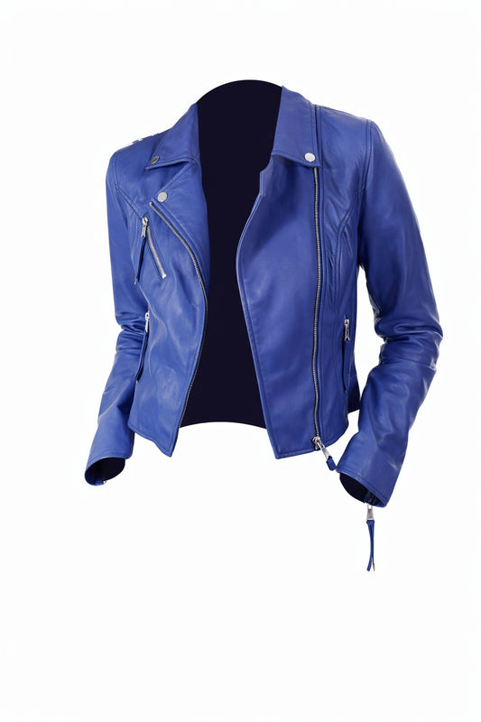 WLJ01 Blue Biker Motorcycle Wear Faux Leather Jacket For Women