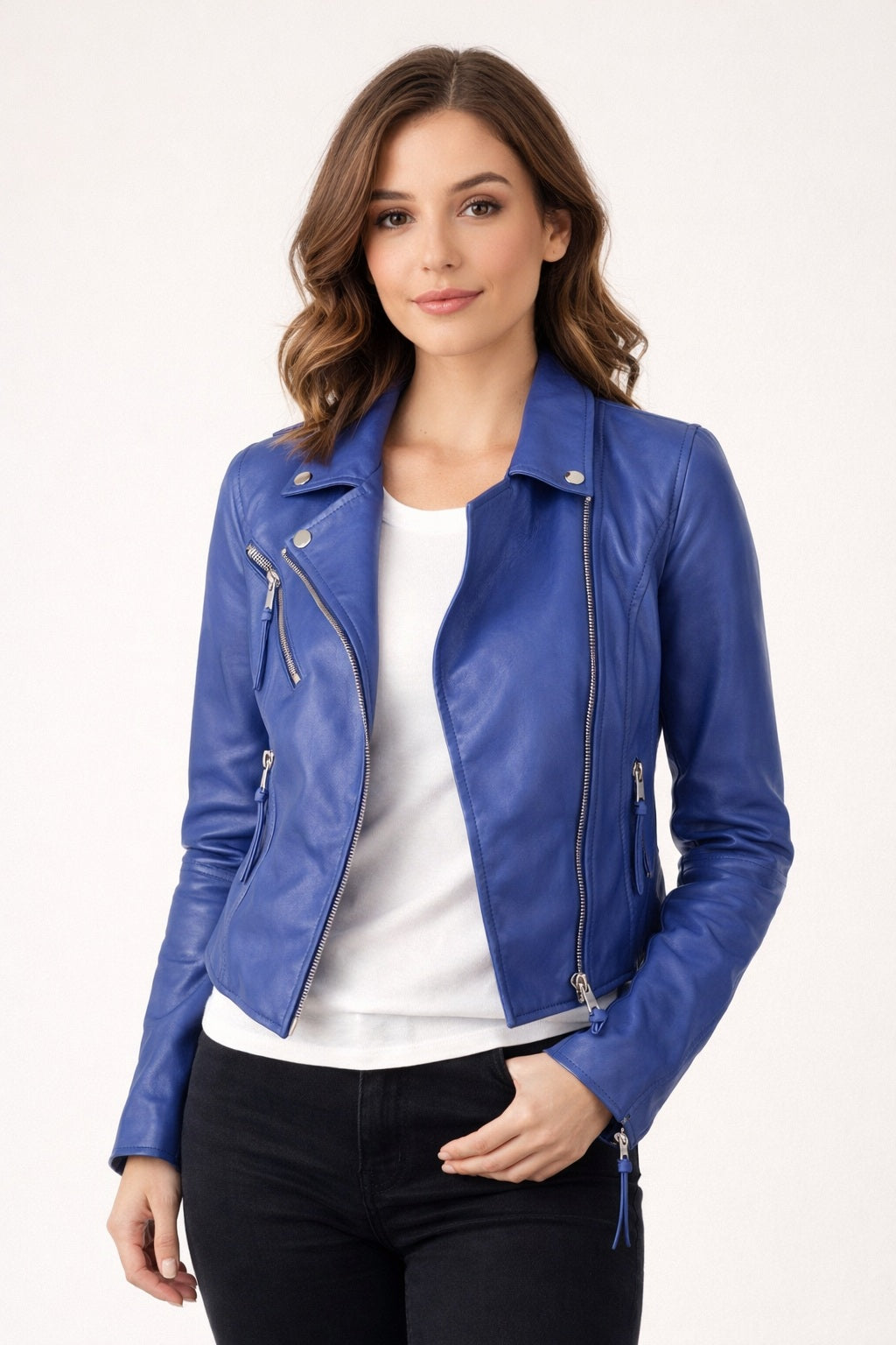 WLJ01 Blue Biker Motorcycle Wear Faux Leather Jacket For Women