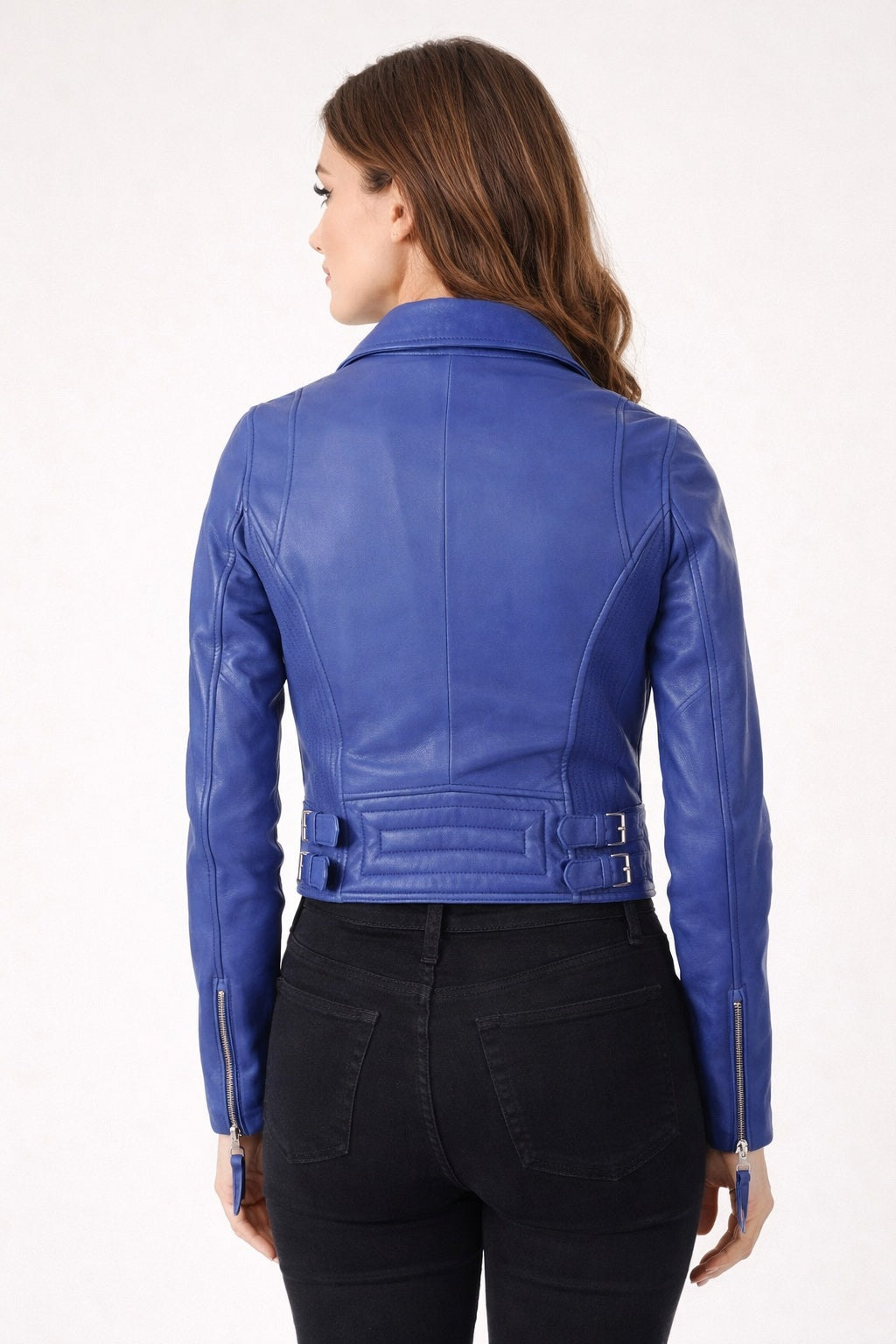 WLJ01 Blue Biker Motorcycle Wear Faux Leather Jacket For Women