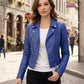 WLJ01 Blue Biker Motorcycle Wear Faux Leather Jacket For Women