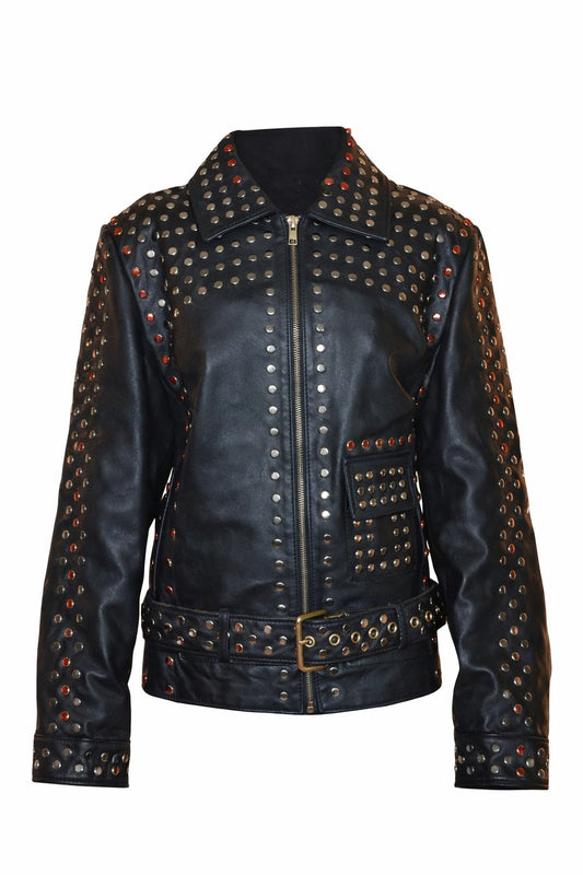 WLJ02 Women Black Silver and Golden Studs Sheepskin Leather Jacket