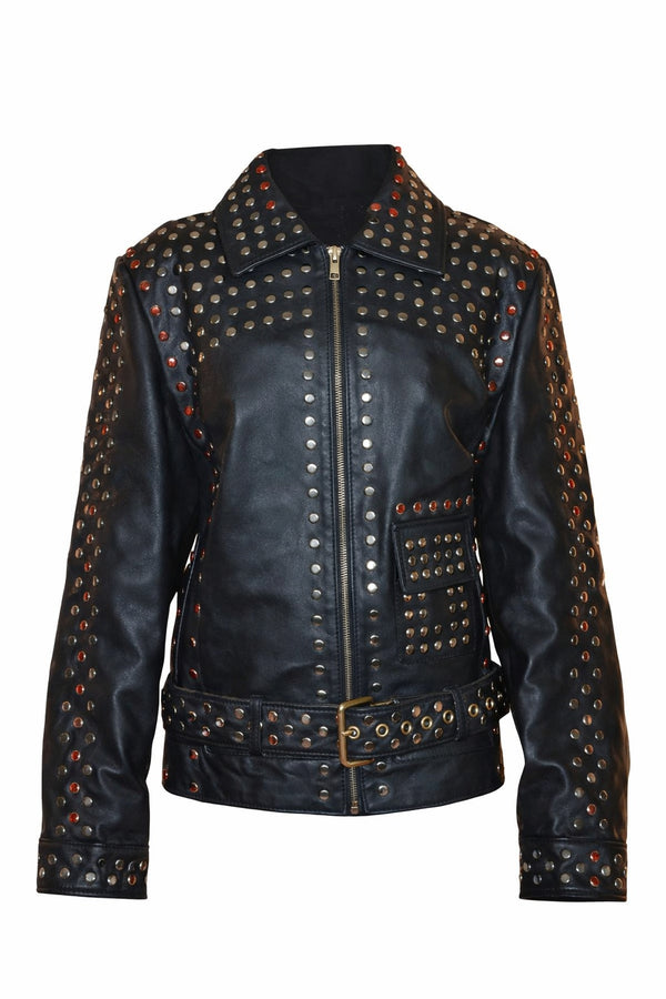WLJ02 Women Black Silver and Golden Studs Sheepskin Leather Jacket