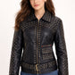 WLJ02 Women Black Silver and Golden Studs Sheepskin Leather Jacket