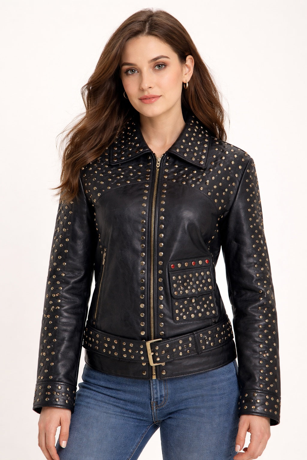 WLJ02 Women Black Silver and Golden Studs Sheepskin Leather Jacket