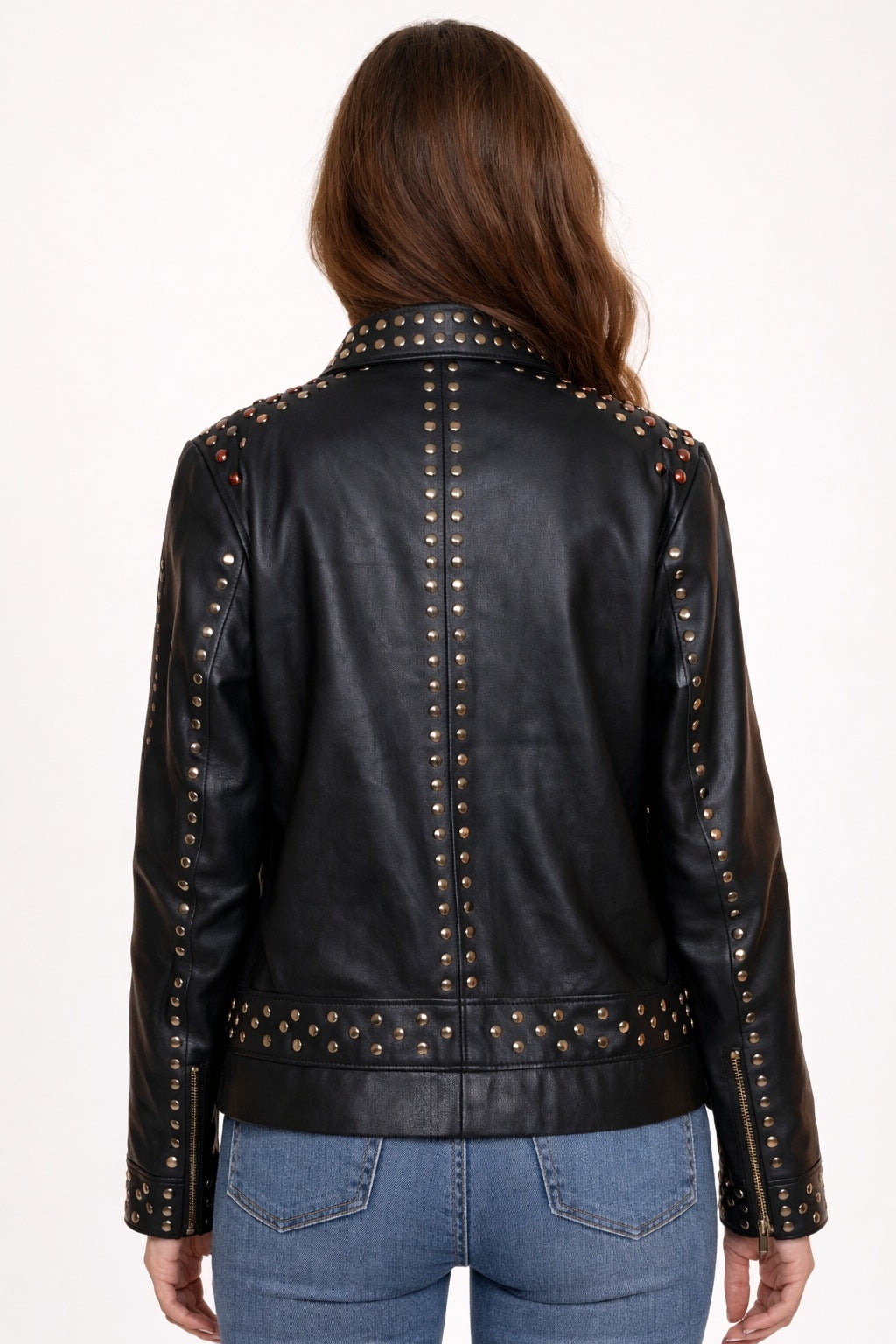 WLJ02 Women Black Silver and Golden Studs Sheepskin Leather Jacket
