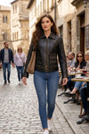 WLJ02 Women Black Silver and Golden Studs Sheepskin Leather Jacket