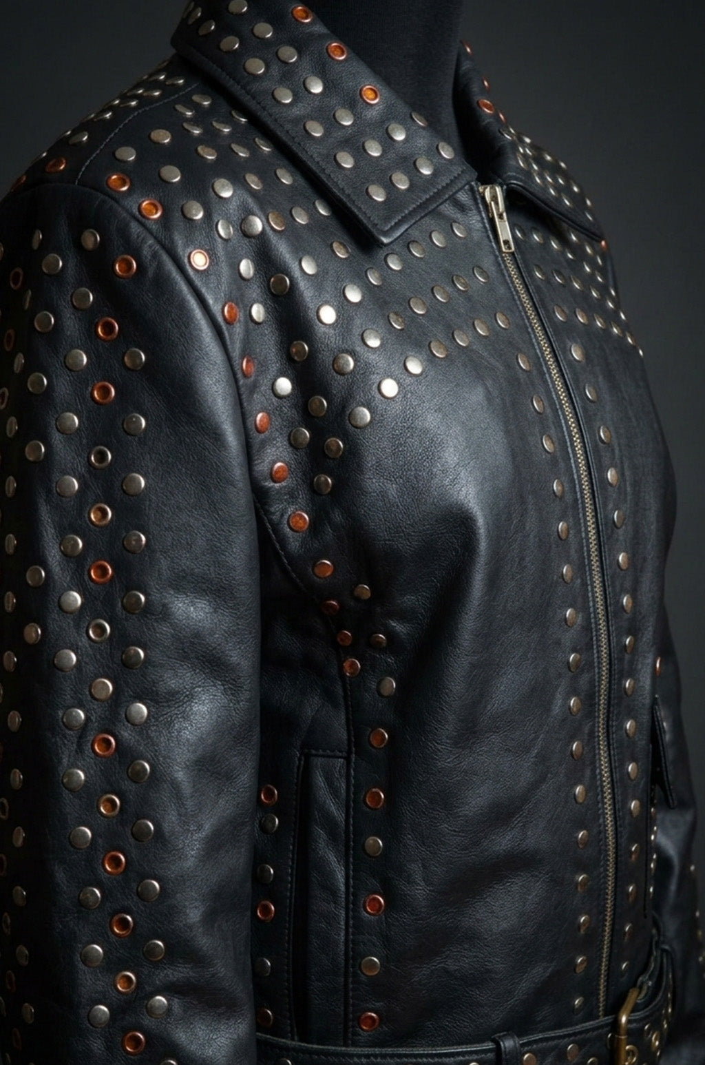 WLJ02 Women Black Silver and Golden Studs Sheepskin Leather Jacket