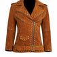 WLJ03 Home of Leather Women Brown Studded Brando Leather Jacket
