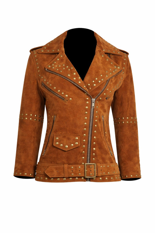 WLJ03 Home of Leather Women Brown Studded Brando Leather Jacket
