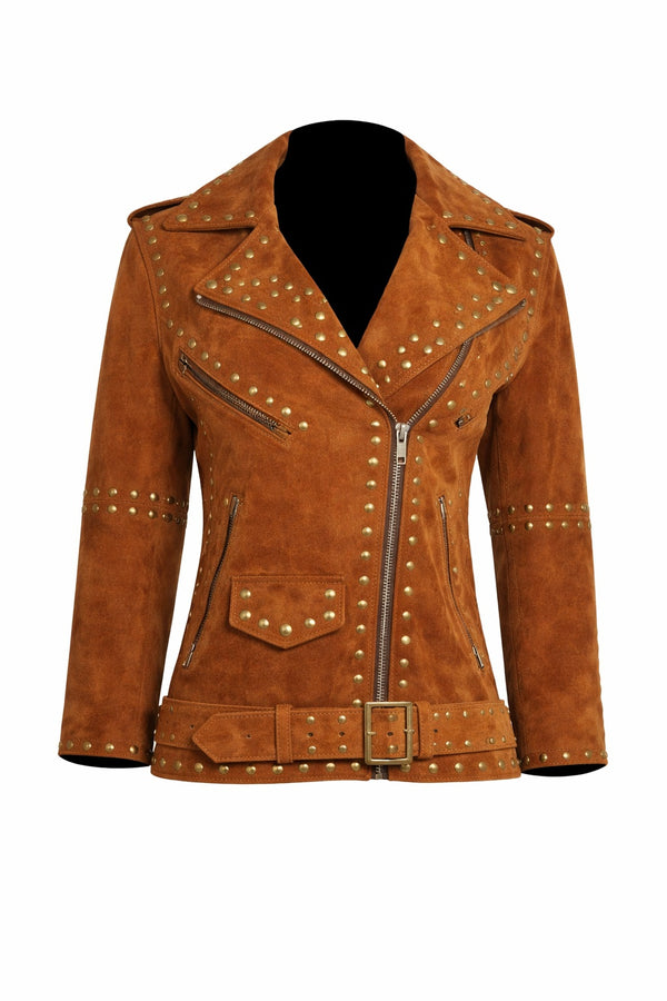 WLJ03 Home of Leather Women Brown Studded Brando Leather Jacket