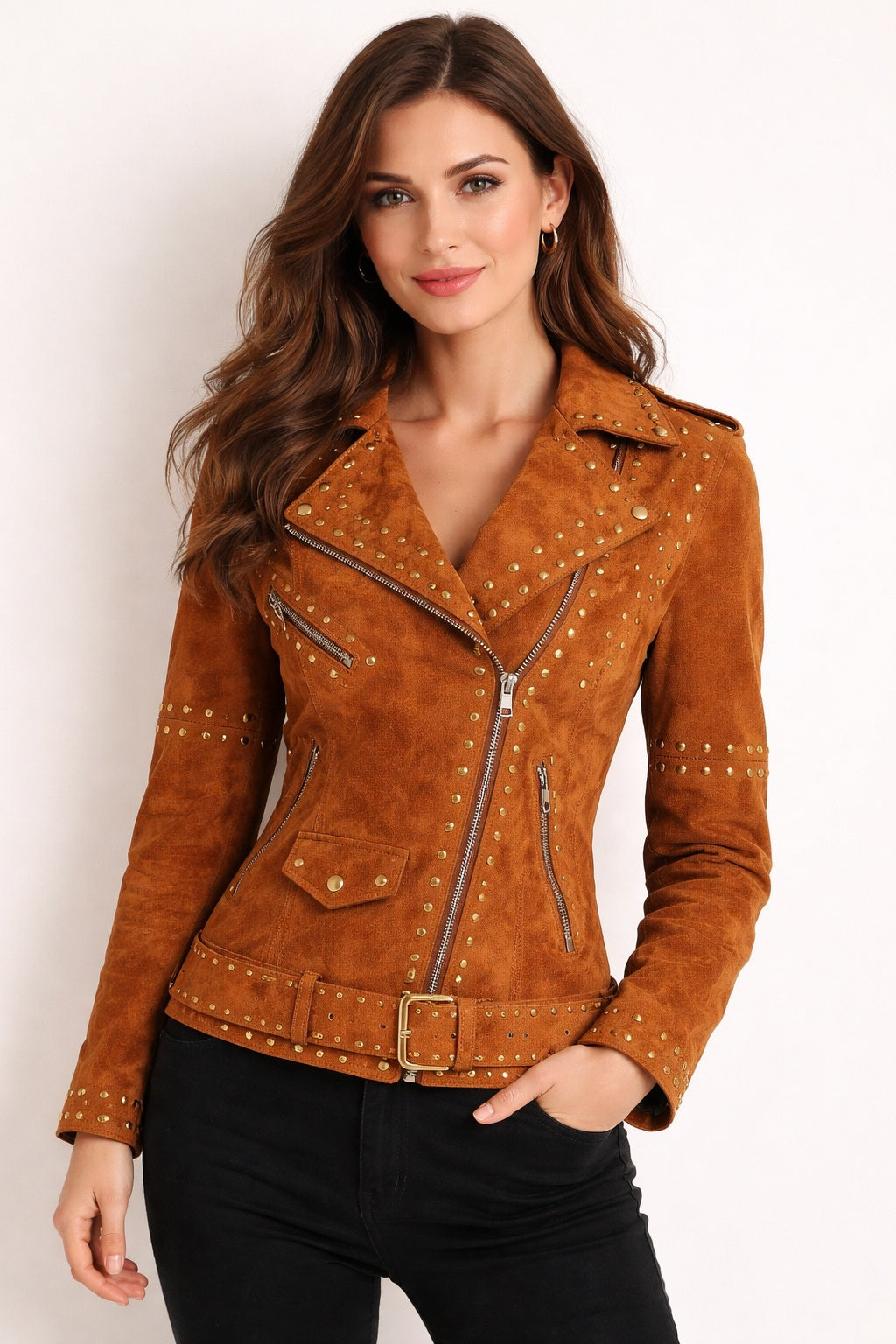 WLJ03 Home of Leather Women Brown Studded Brando Leather Jacket