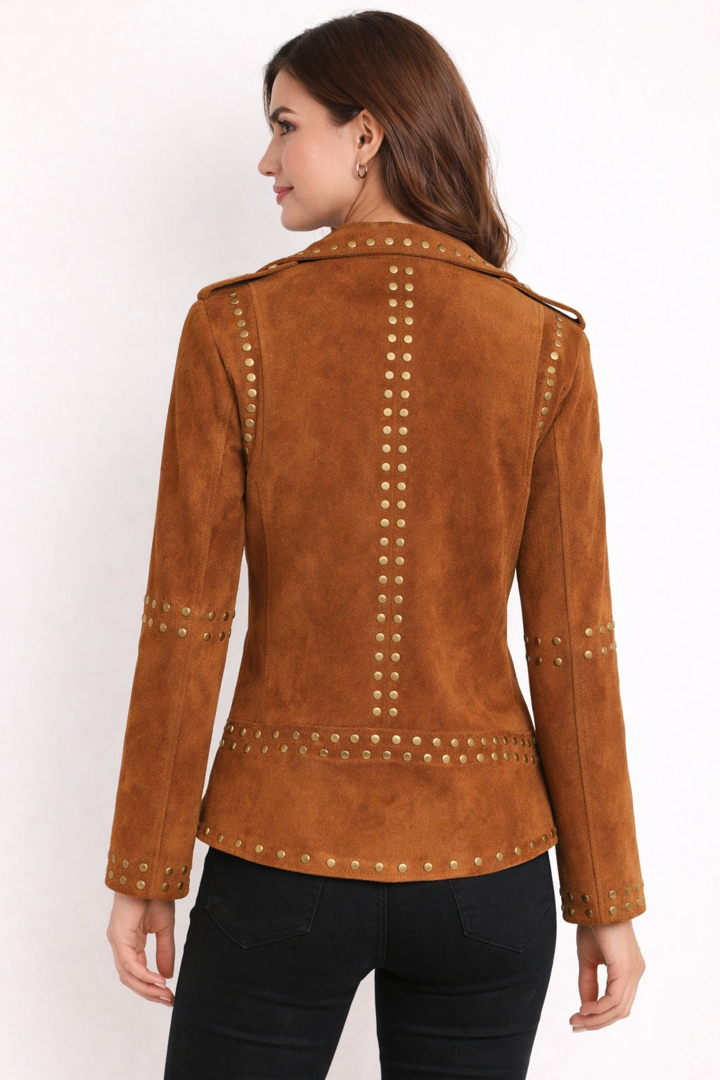 WLJ03 Home of Leather Women Brown Studded Brando Leather Jacket