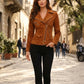 WLJ03 Home of Leather Women Brown Studded Brando Leather Jacket