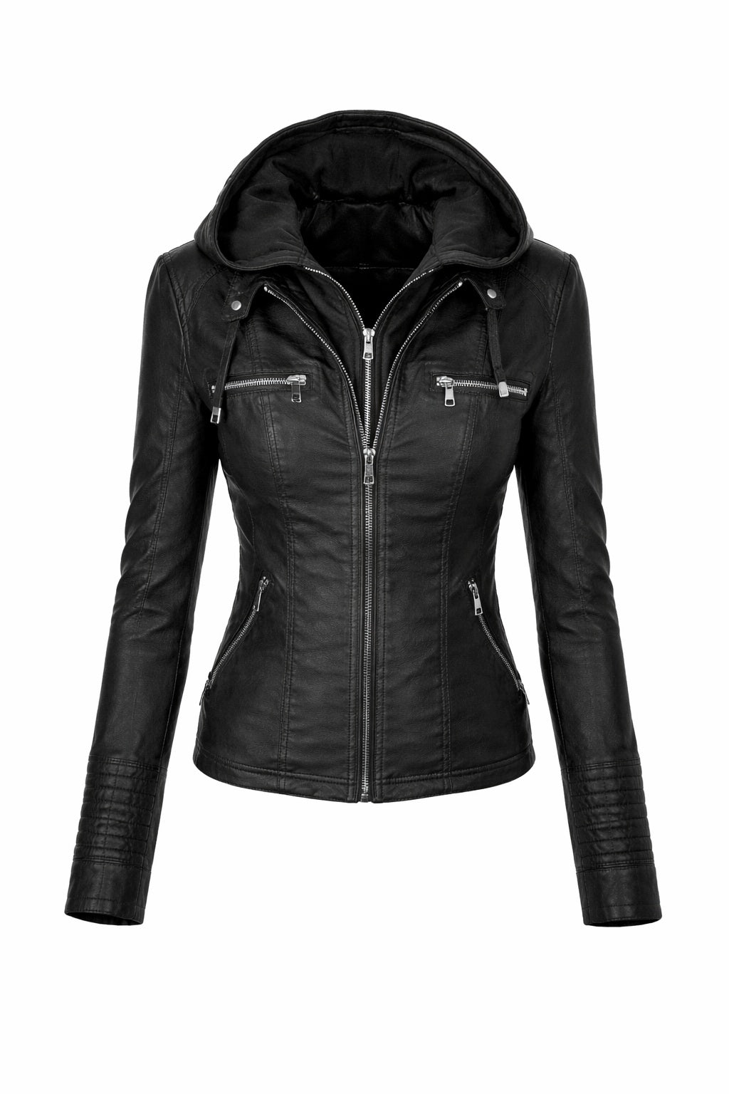 WLJ05 Detach Hoodie Women's Black Biker Stylish Real Leather Motorcycle Jacket