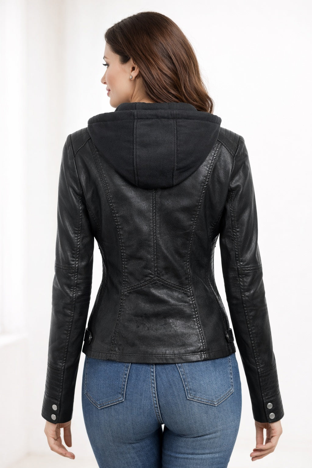 WLJ05 Detach Hoodie Women's Black Biker Stylish Real Leather Motorcycle Jacket