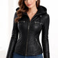 WLJ05 Detach Hoodie Women's Black Biker Stylish Real Leather Motorcycle Jacket