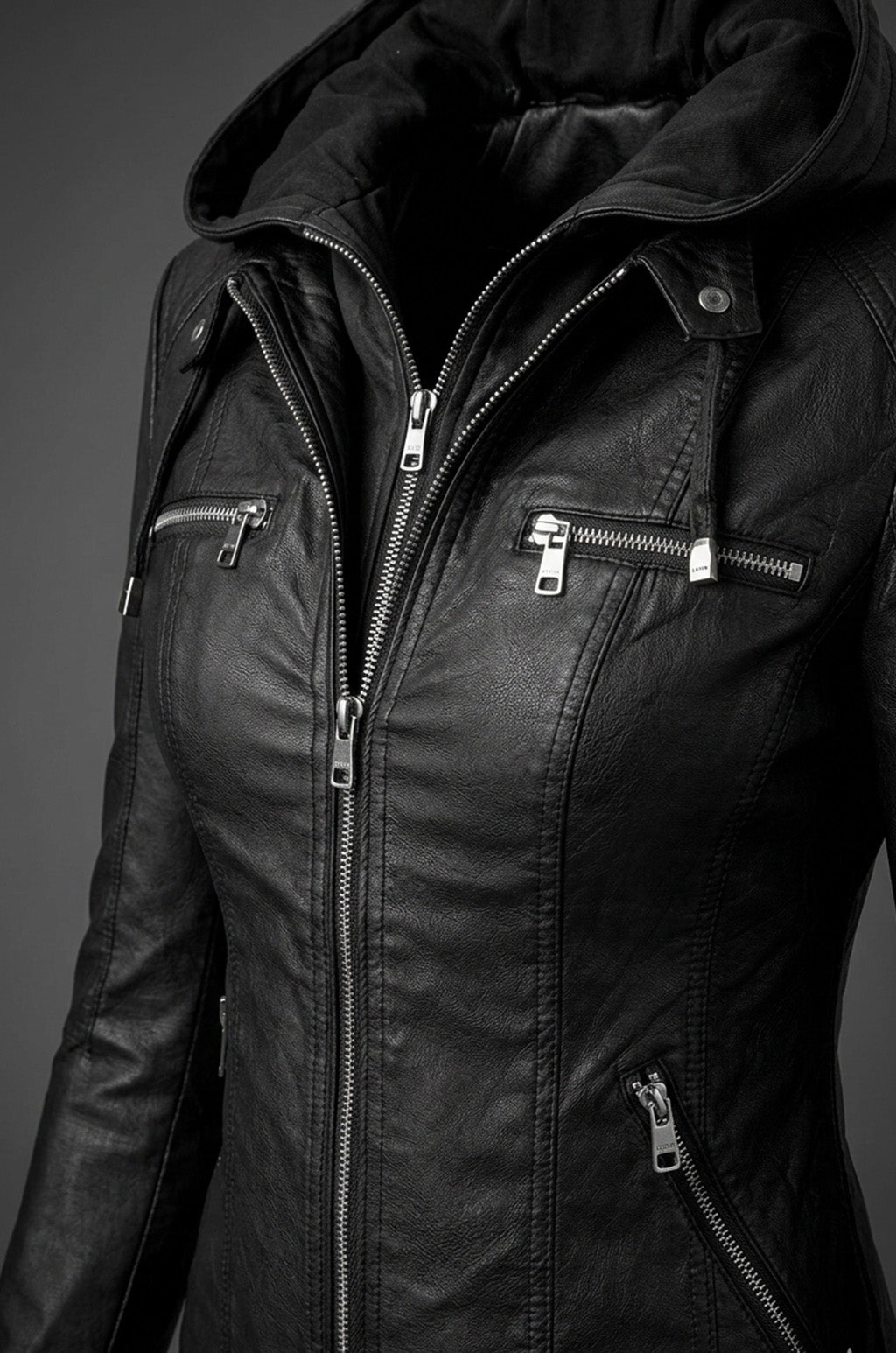 WLJ05 Detach Hoodie Women's Black Biker Stylish Real Leather Motorcycle Jacket
