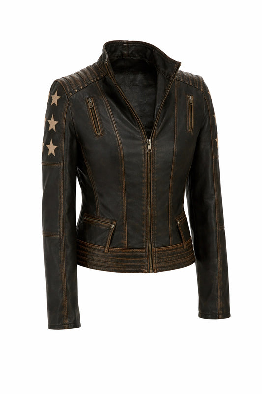 WLJ11 Women's Café Racer Star Slim Fit Stars Distressed Brown Classic Biker Leather Jacket