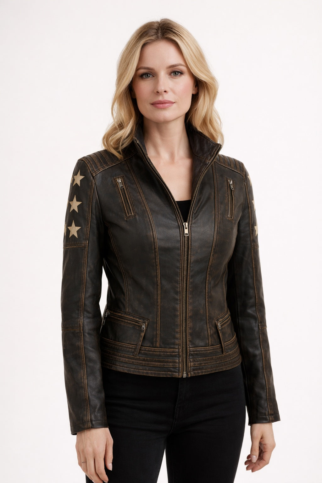WLJ11 Women's Café Racer Star Slim Fit Stars Distressed Brown Classic Biker Leather Jacket