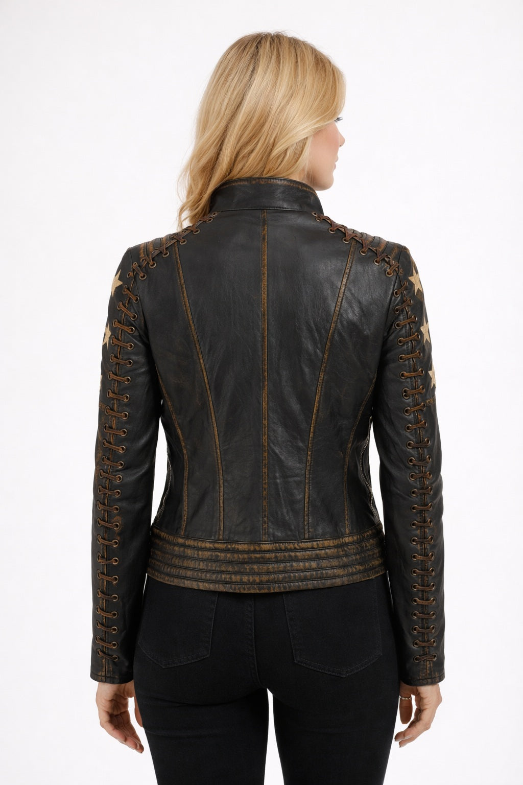 WLJ11 Women's Café Racer Star Slim Fit Stars Distressed Brown Classic Biker Leather Jacket