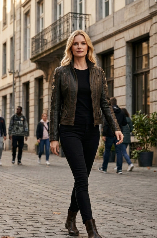 WLJ11 Women's Café Racer Star Slim Fit Stars Distressed Brown Classic Biker Leather Jacket