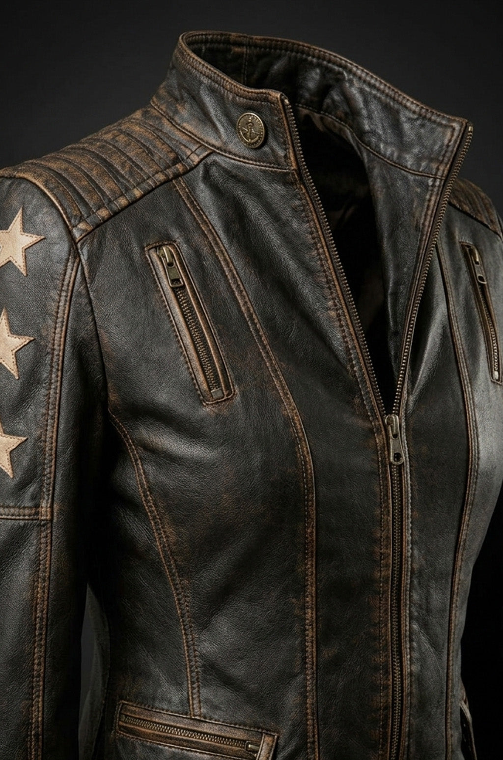 WLJ11 Women's Café Racer Star Slim Fit Stars Distressed Brown Classic Biker Leather Jacket