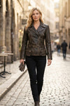 WLJ12 Vintage Women Café Racer Black Distressed Biker Real Leather Motorcycle Jacket