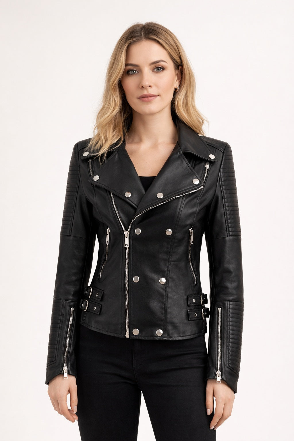 WLJ13 Women's Motorcycle Bomber Black Biker Real Leather Stylish Slim Fit Jacket