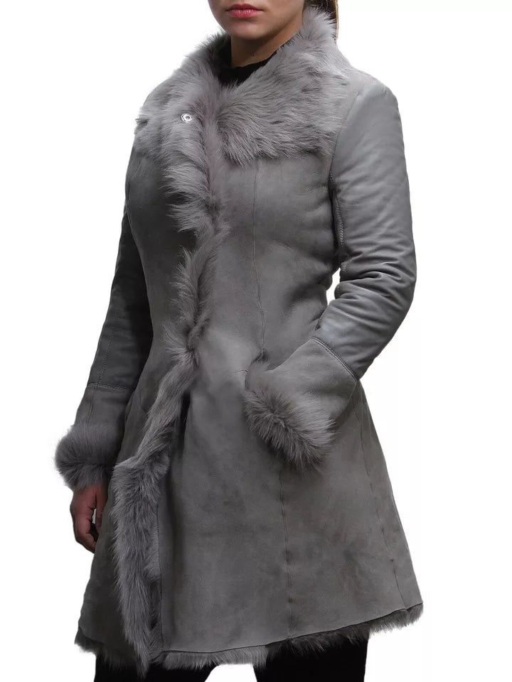 Women Classic Retro Vintage Grey Fur Genuine Sheepskin Leather Coat
