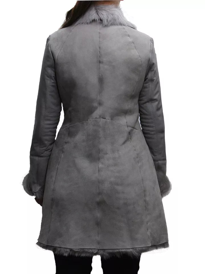 Women Classic Retro Vintage Grey Fur Genuine Sheepskin Leather Coat