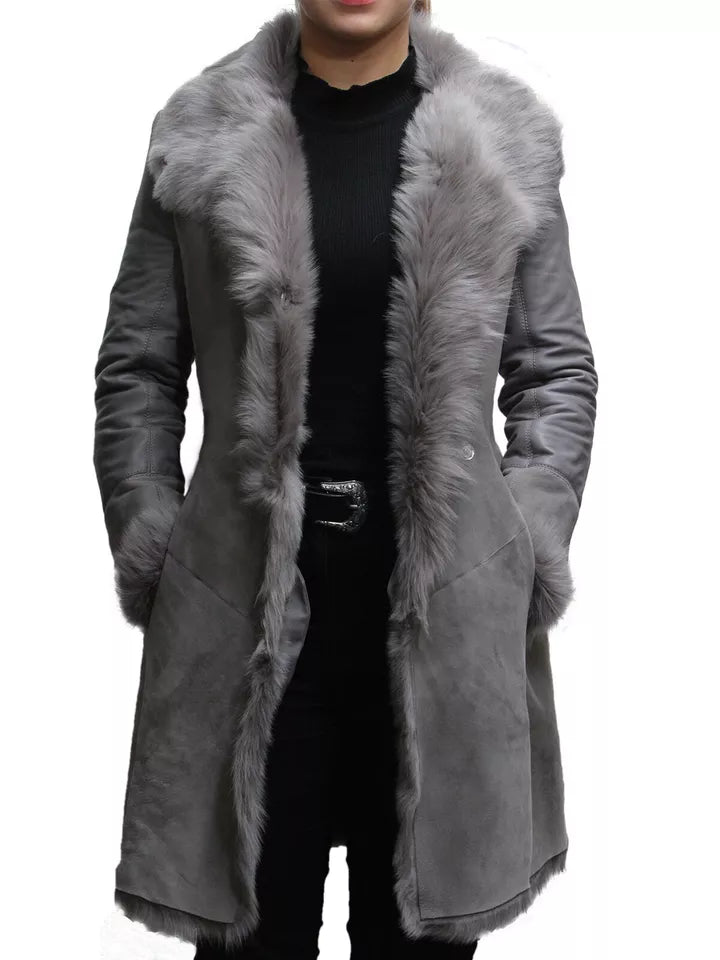 Women Classic Retro Vintage Grey Fur Genuine Sheepskin Leather Coat
