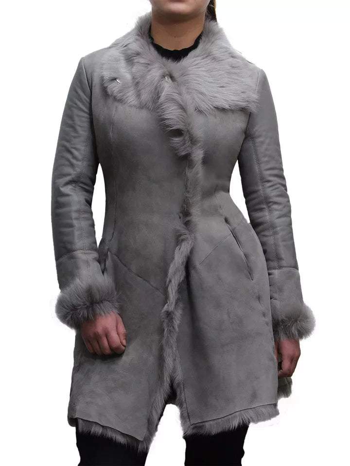 Women Classic Retro Vintage Grey Fur Genuine Sheepskin Leather Coat