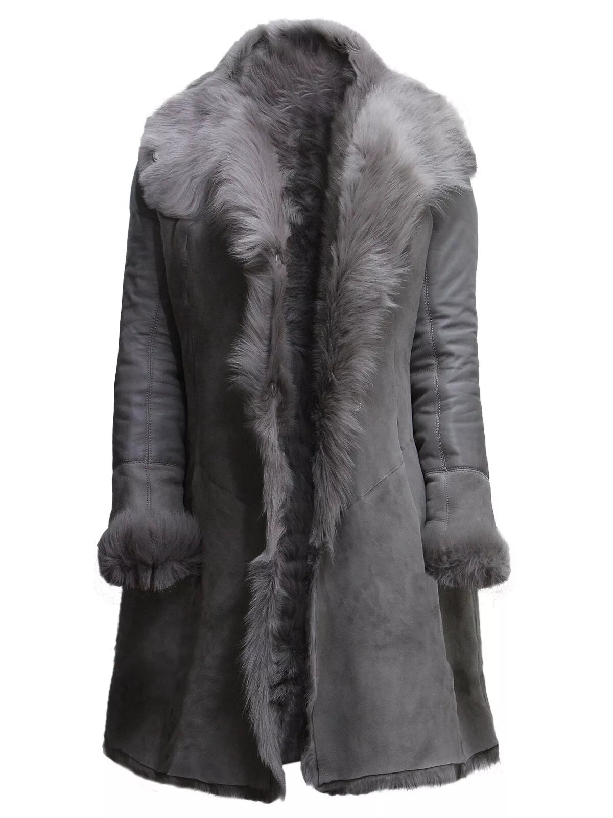 Women Classic Retro Vintage Grey Fur Genuine Sheepskin Leather Coat