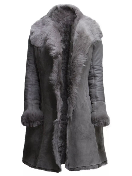 Women Classic Retro Vintage Grey Fur Genuine Sheepskin Leather Coat